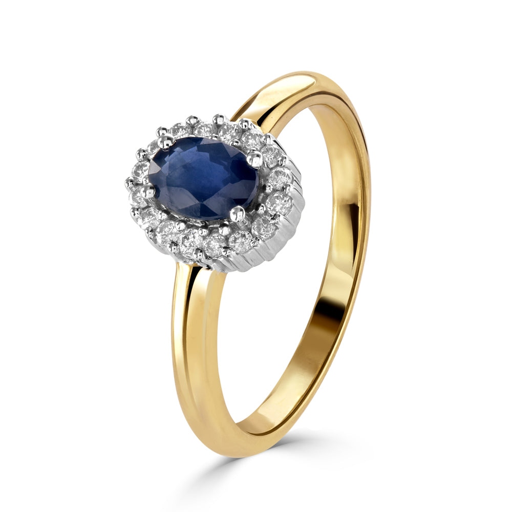 9ct Yellow Gold Oval Cut Sapphire & Round Brilliant Cut Diamond Halo Cluster Ring