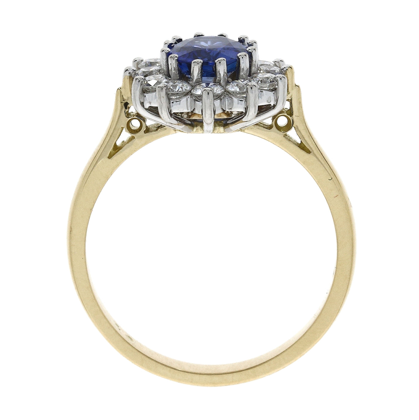 18ct yellow gold oval sapphire and round brilliant cut diamond claw set ring