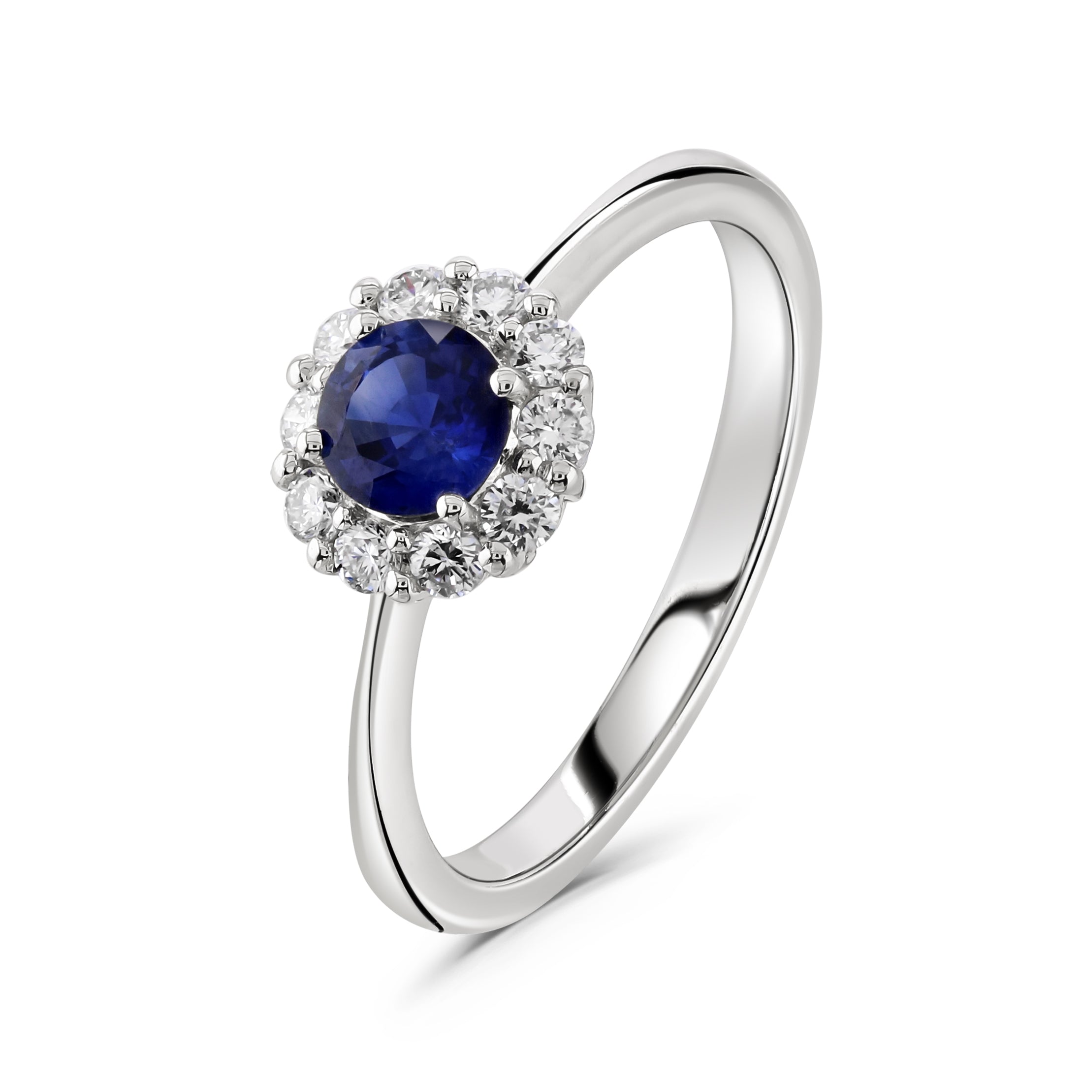 18ct White Gold Round Cut Sapphire & Diamond Halo Cluster Ring