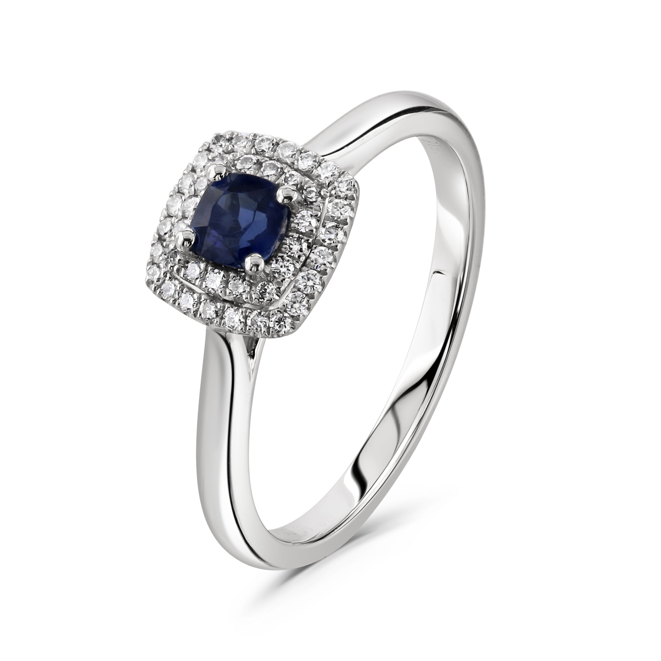 Platinum Round Cut Sapphire & Diamon Cushion Shaped Double Halo Cluster Ring
