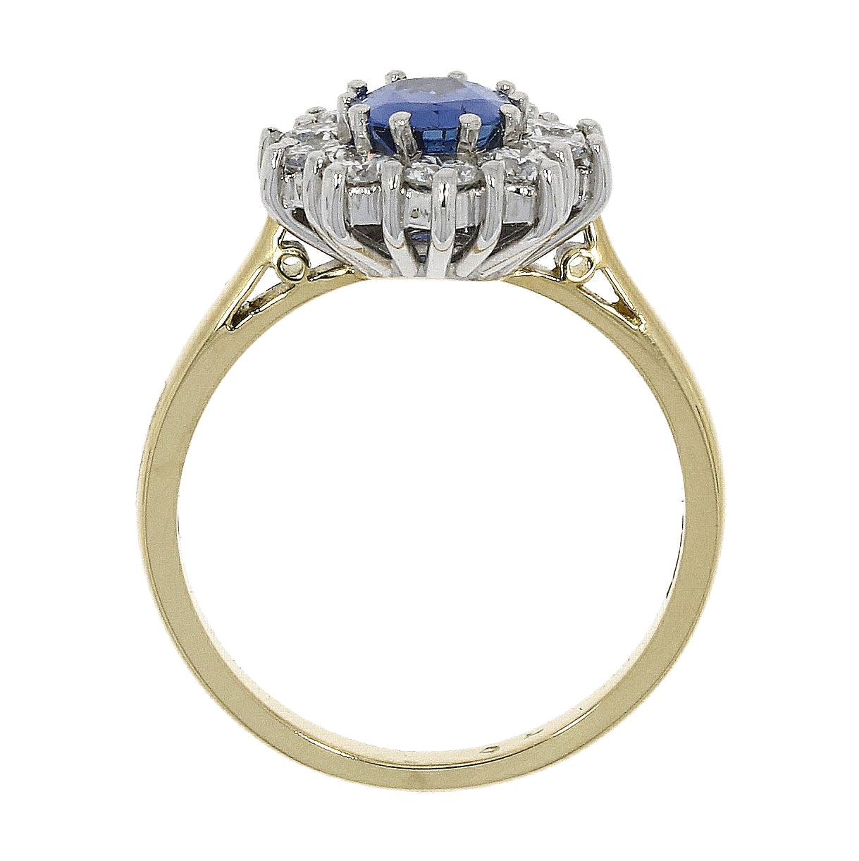 18ct yellow gold oval sapphire and round brilliant cut diamond claw set ring