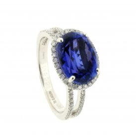 18ct White Gold Oval Cut Tanzanite & Diamond Halo Cluster Ring with Split Diamond Shoulders