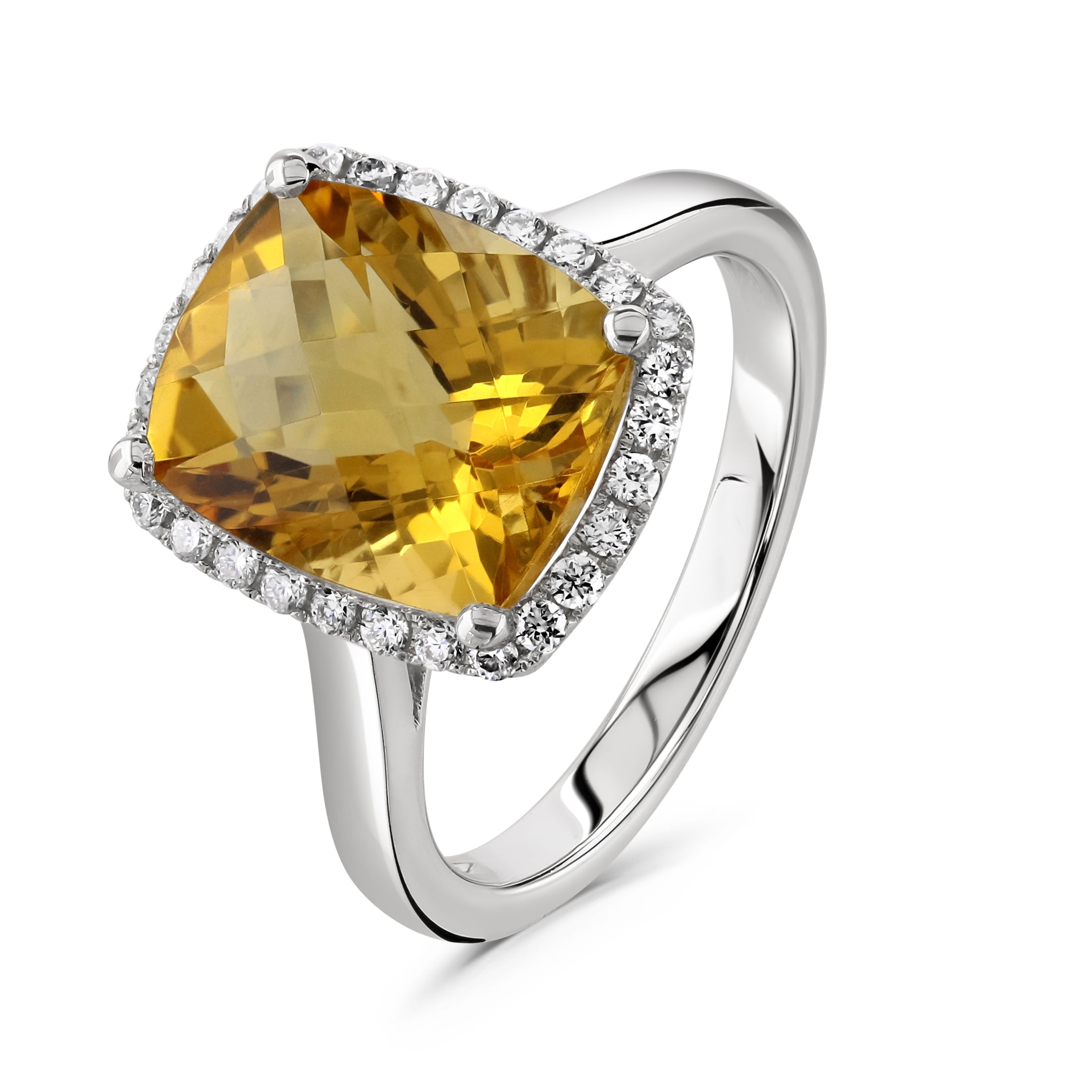 18ct White Gold Elongated Cushion Cut Citrine & Diamond Halo Cluster Ring