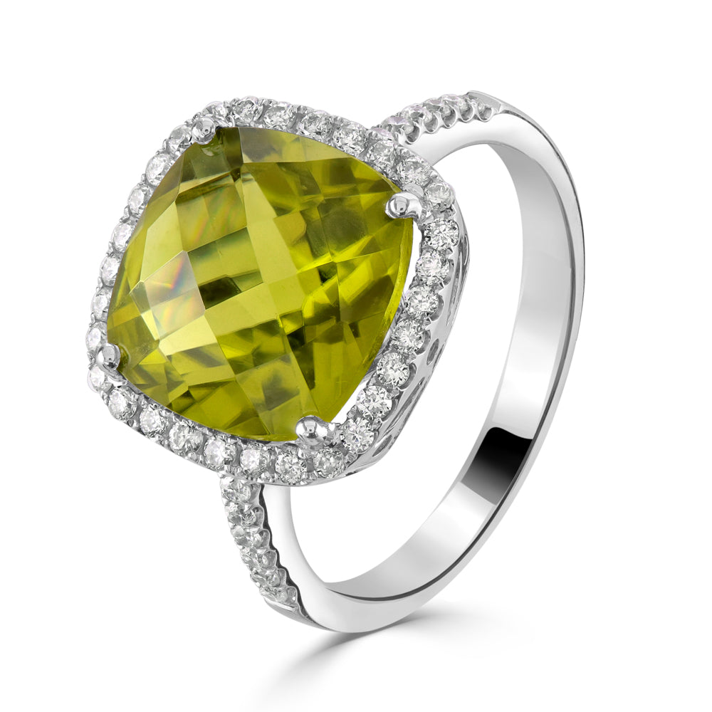 18ct White Gold Cushion Cut Peridot & Diamond Halo Cluster Ring with Diamond Shoulders
