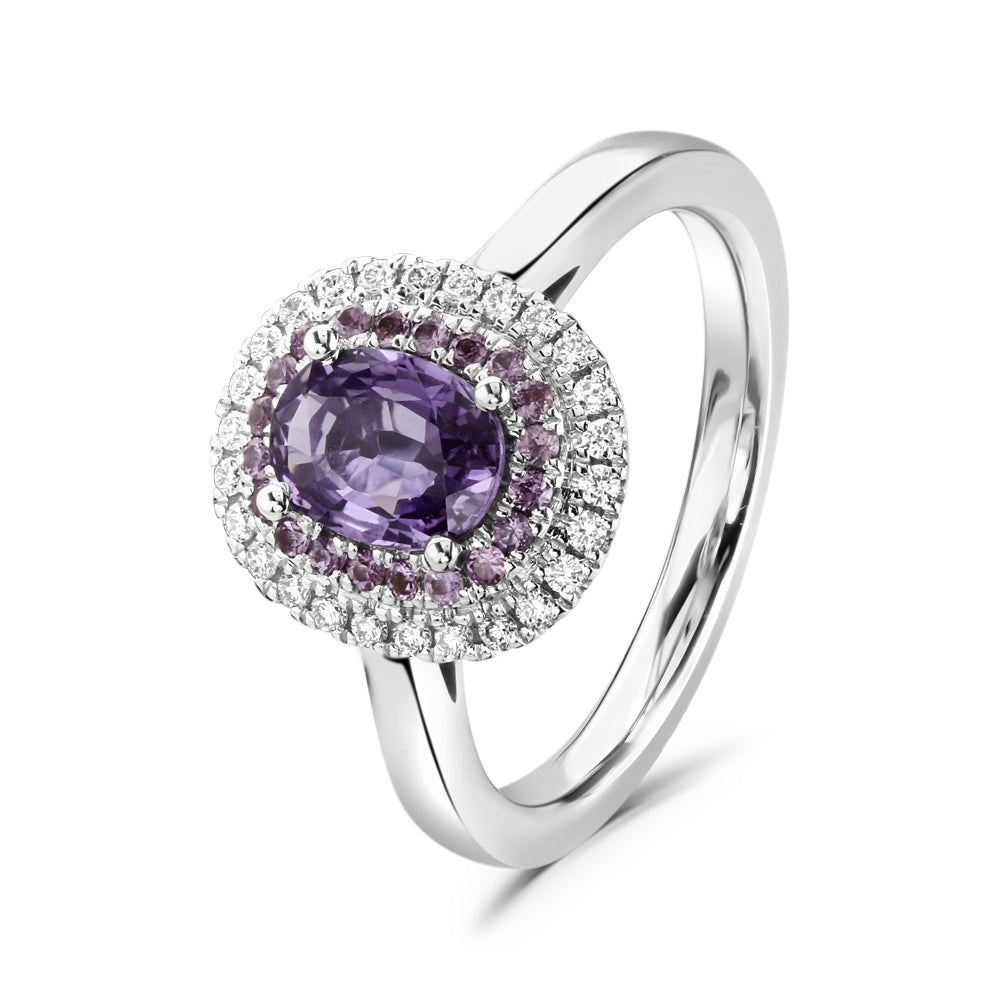 18ct White Gold Oval Cut Purple Sapphire & Diamond Double Halo Cluster Ring