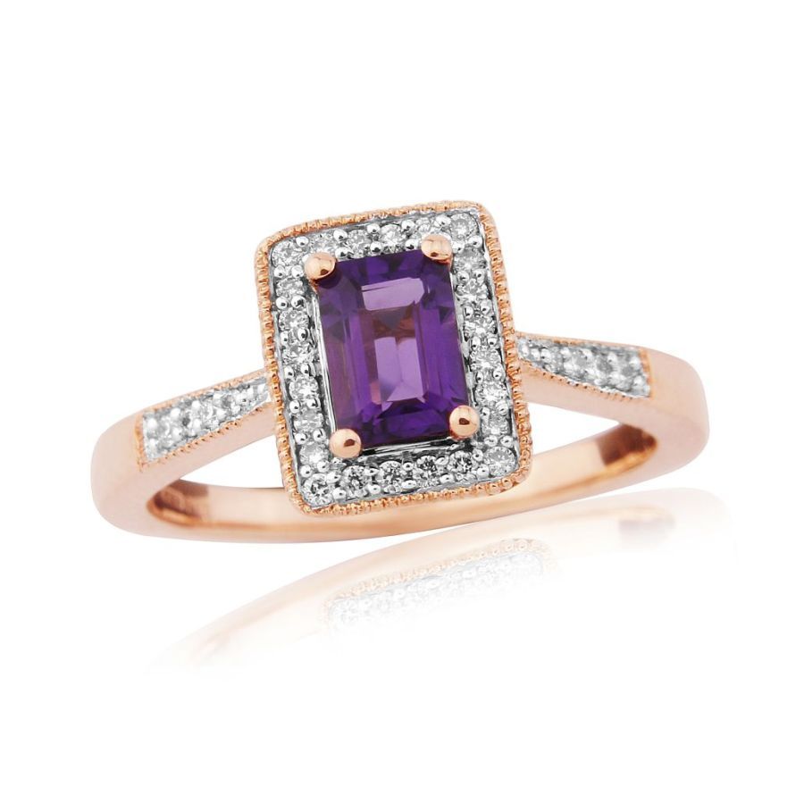9ct Rose Gold Emerald Cut Amethyst & Diamond Halo Cluster Ring with Diamond Shoulders