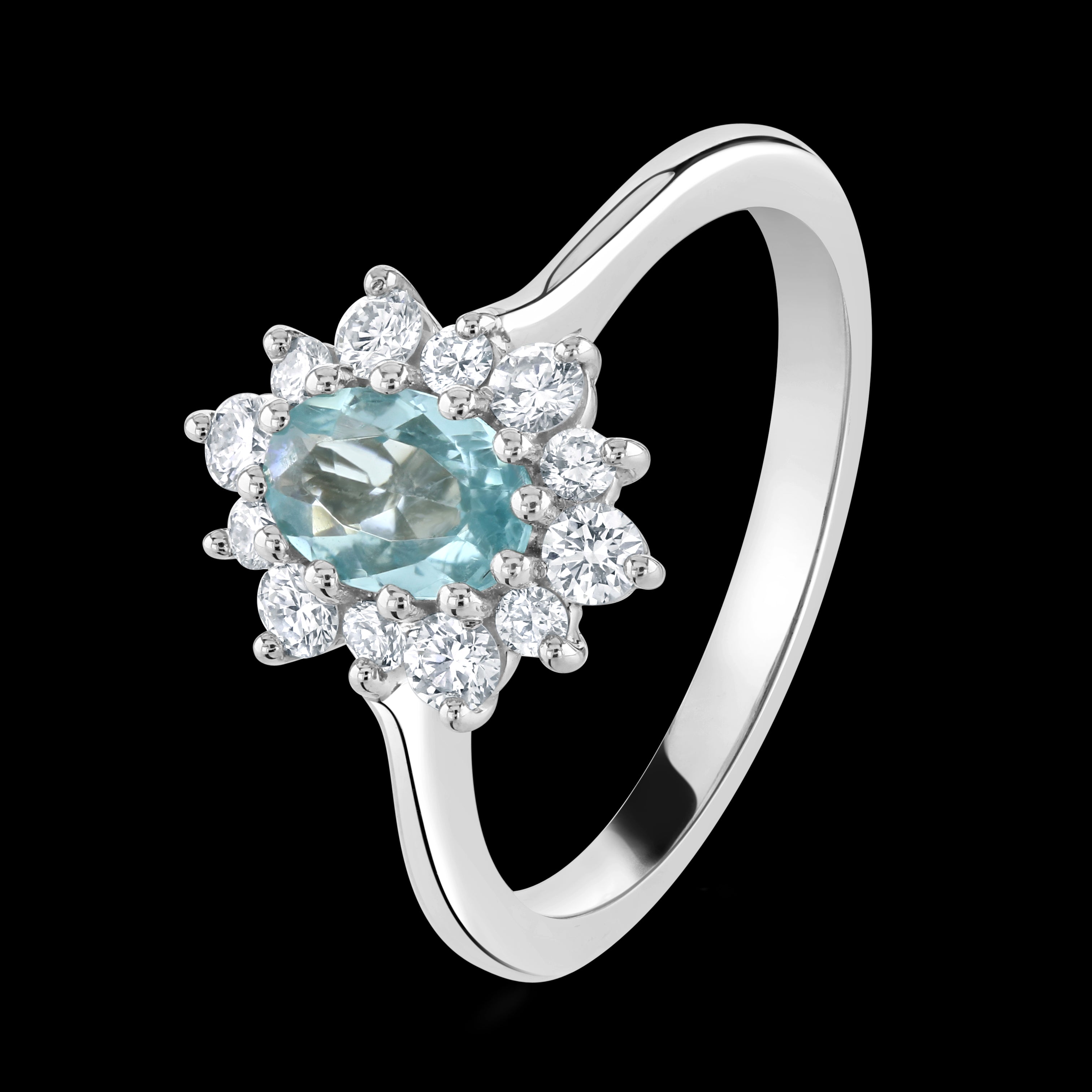 Platinum Oval Cut Paraiba Tourmaline & Round Brilliant Cut Diamond Cluster Ring