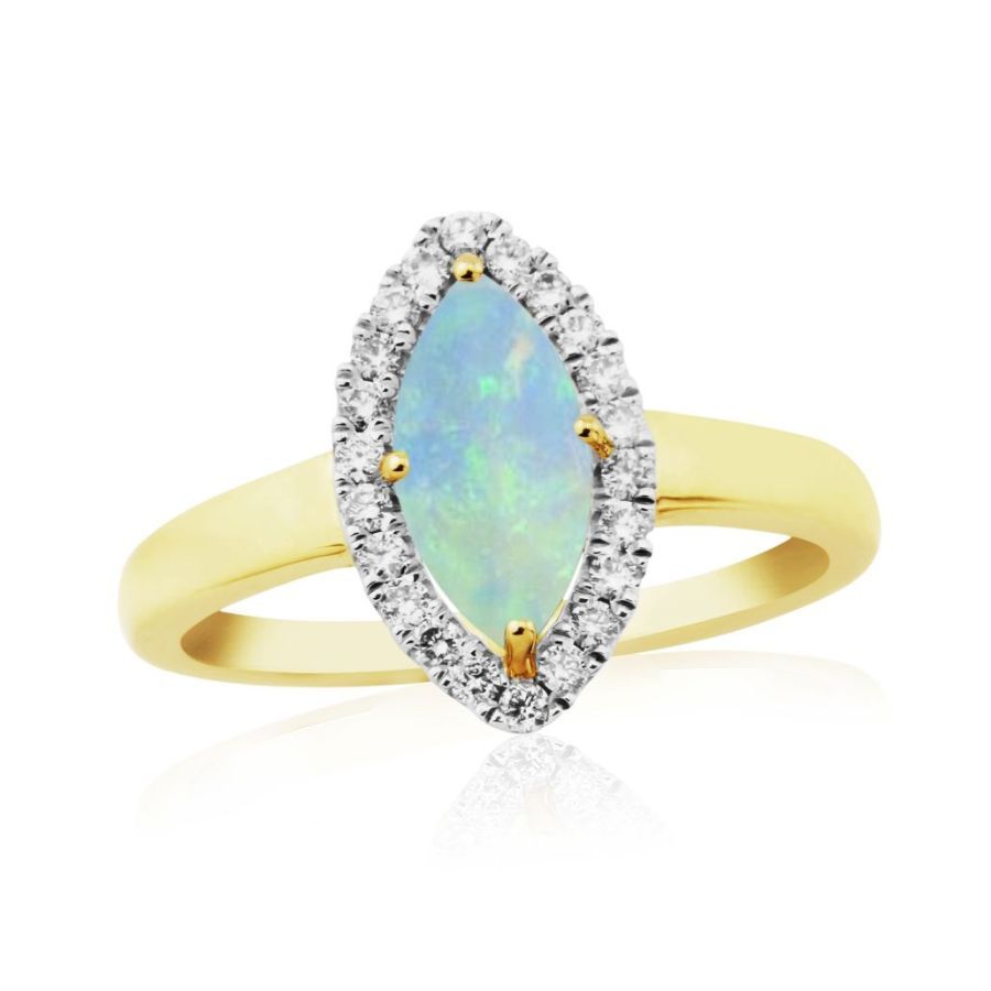 9ct Yellow Gold Marquise Cut Opal & Diamond Halo Cluster Ring