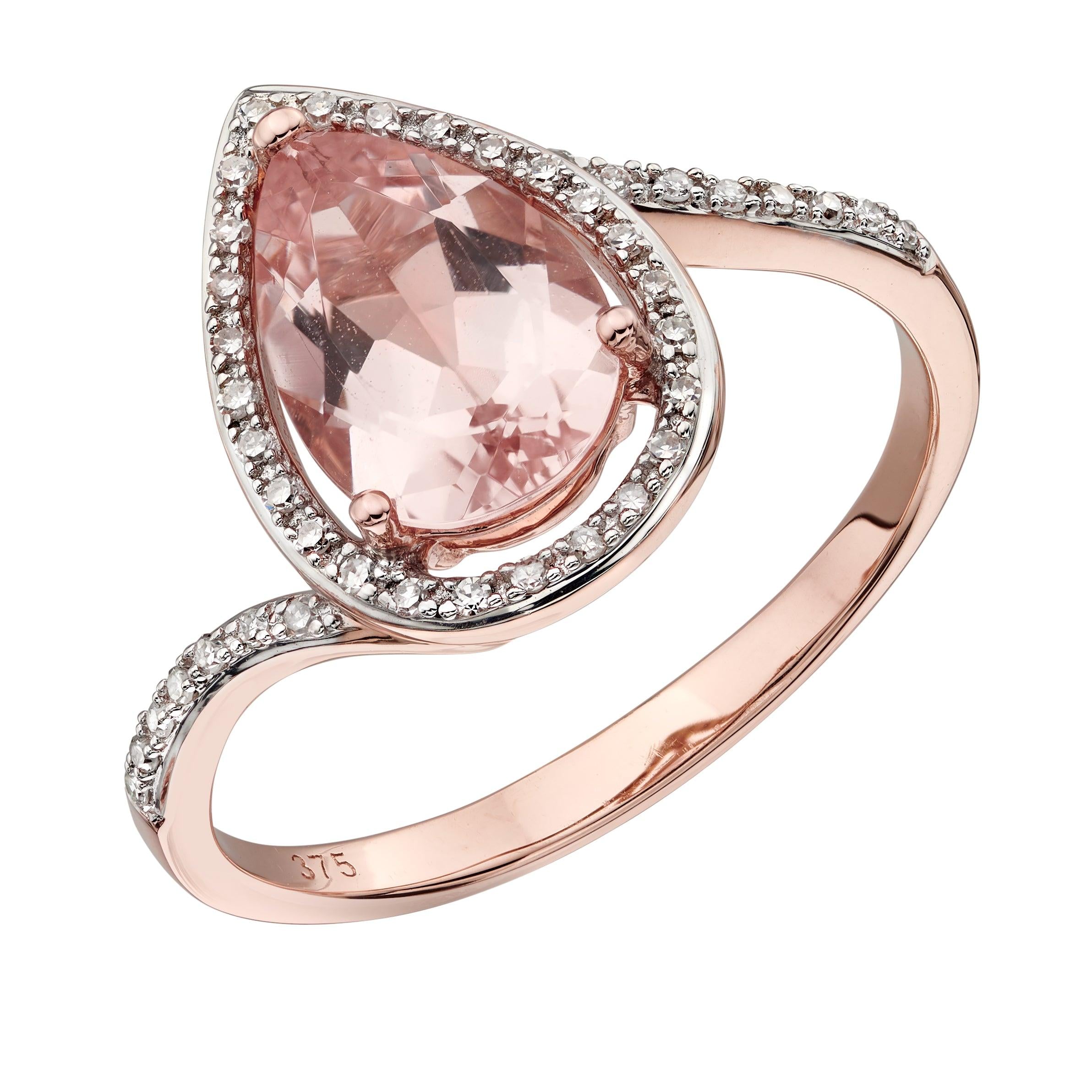 9ct Rose Gold Pear Cut Morganite & Diamond Halo Cluster Ring with Diamond Shoulders