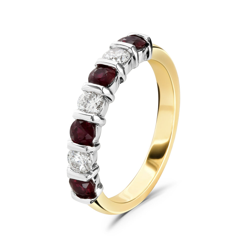 18ct Yellow Gold Ruby & Diamond Bar Set Half Eternity Ring