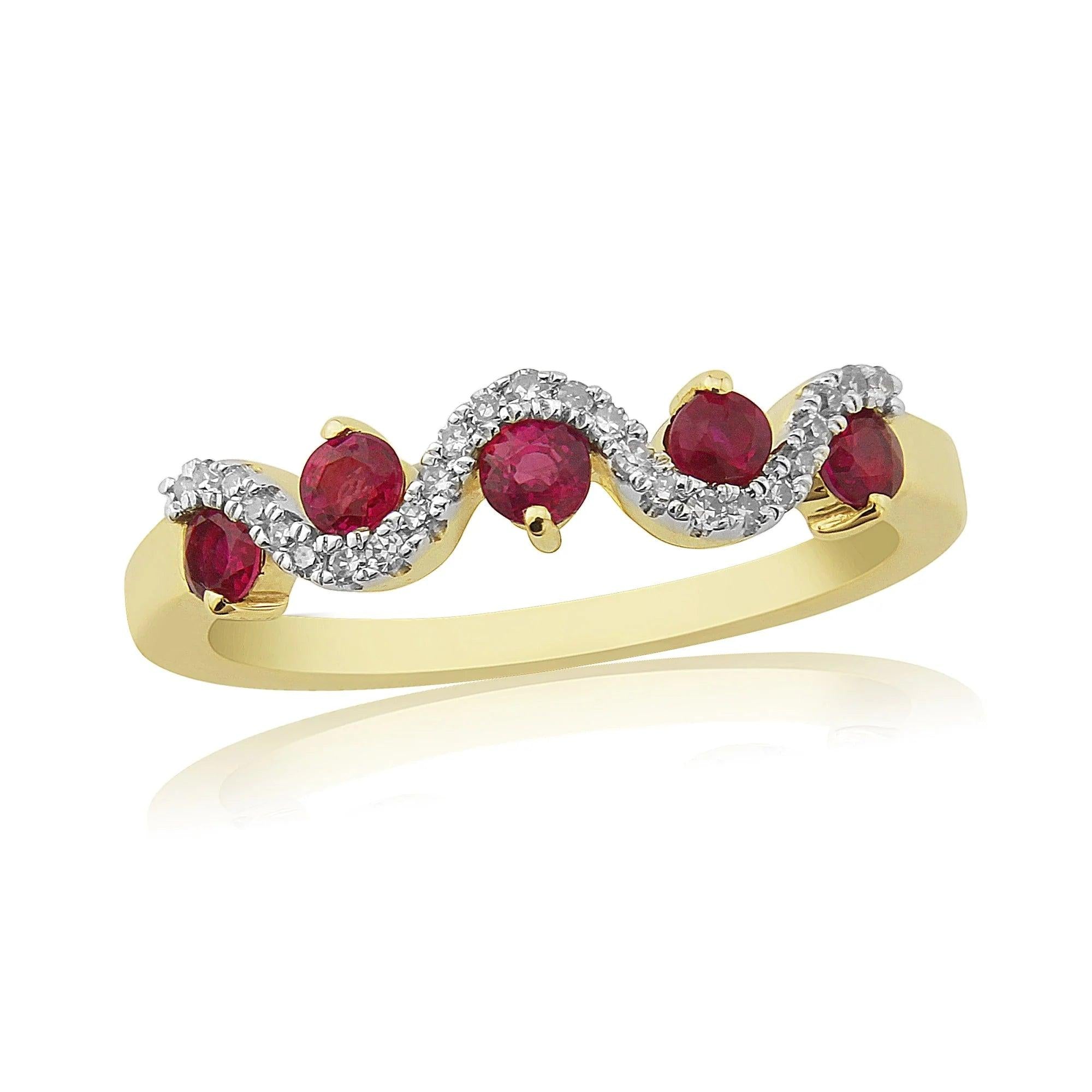 9ct gold ruby & diamond set wave eternity ring 0.10ct