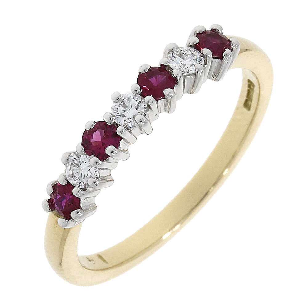 18ct Yellow gold 4 ruby and 3 diamoind claw set half eternity ring