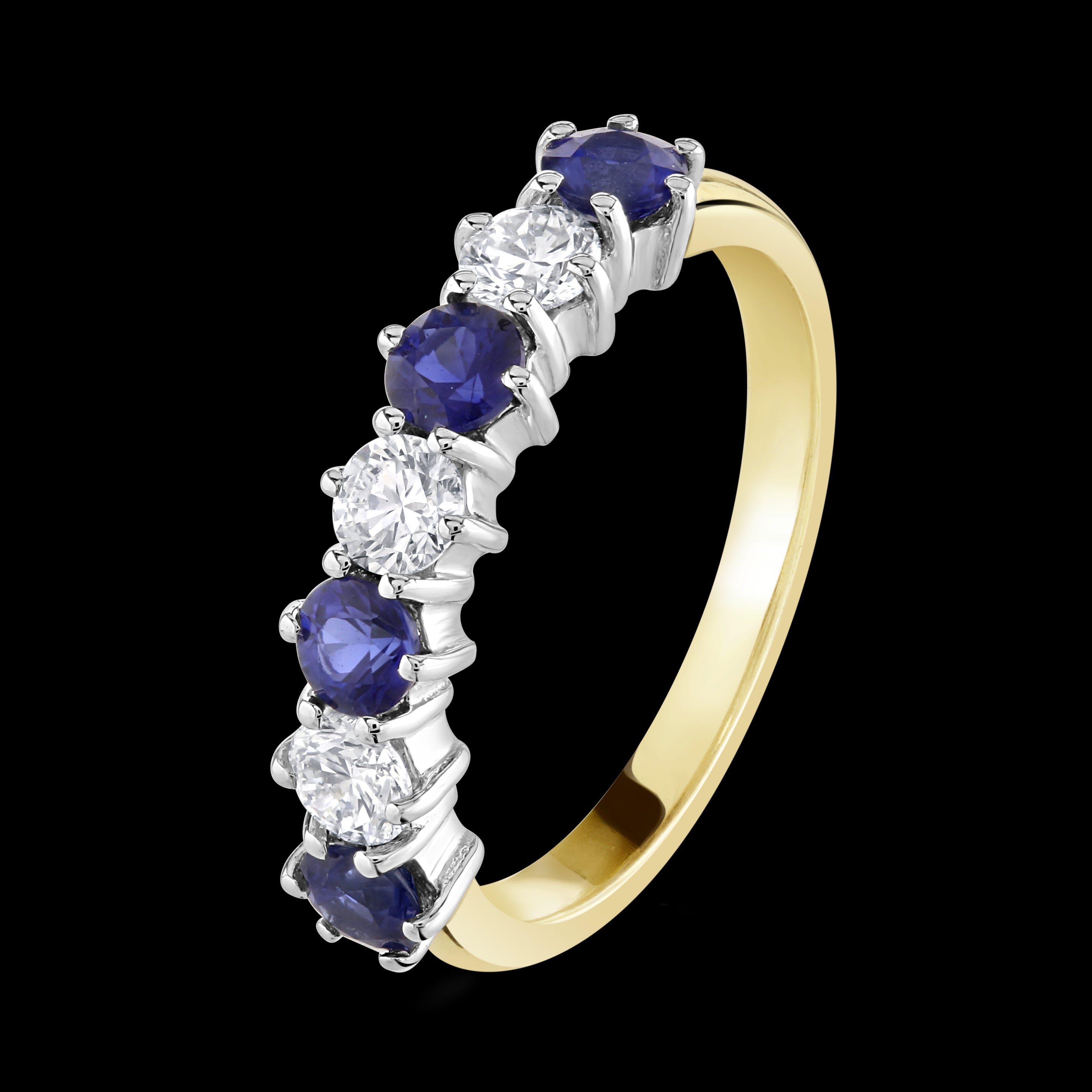 18ct Yellow Gold 7-Stone Sapphire & Diamond Claw Set Ring