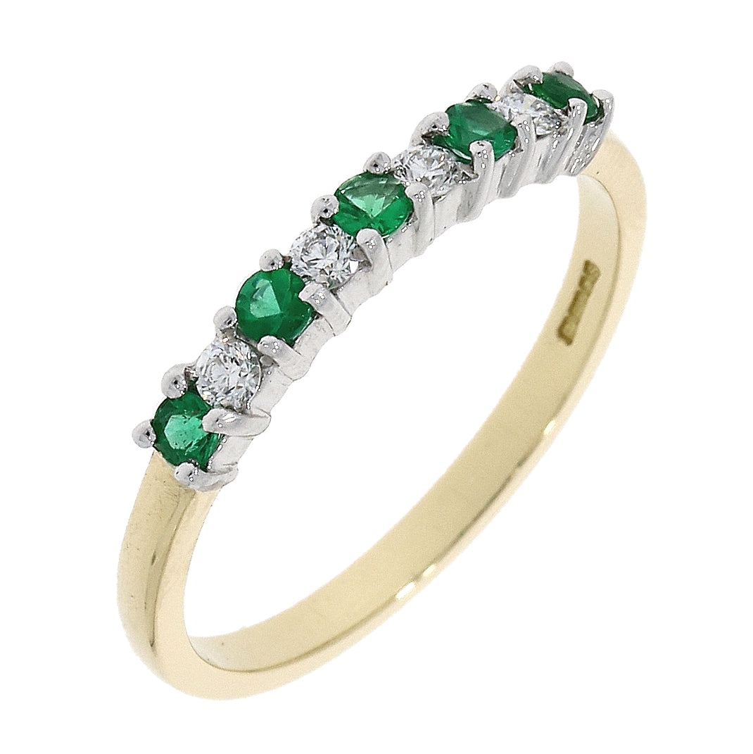 18ct yellow gold 4 emeralds & 5 diamonds Claw set Eternity ring