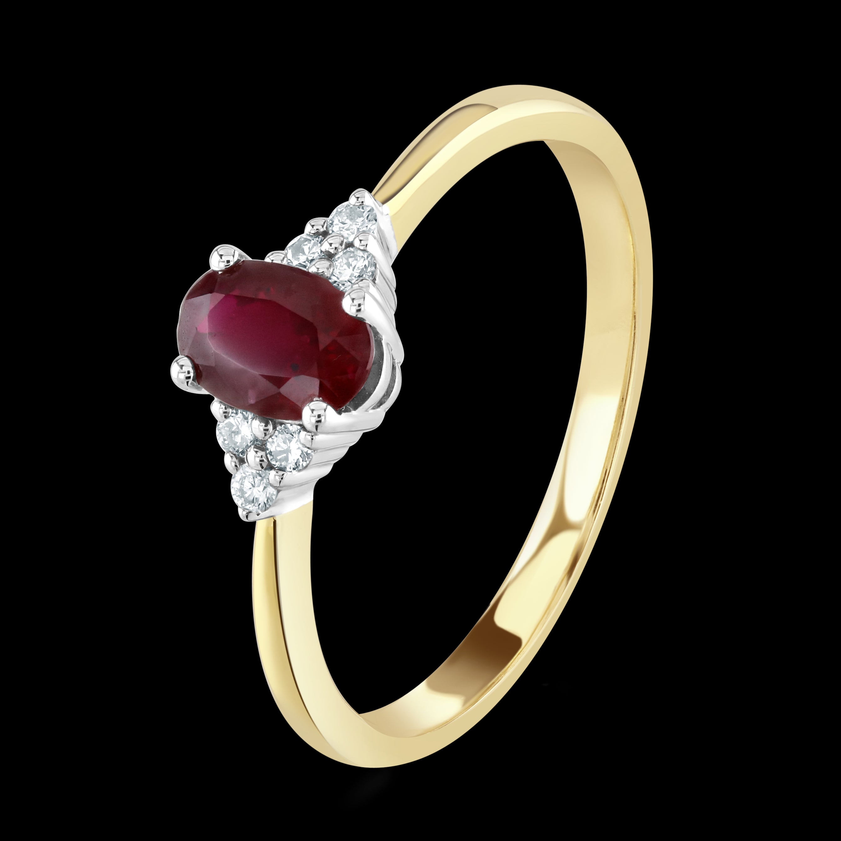 18ct Yellow and White Gold Oval Ruby and Trefoil Diamond Ring