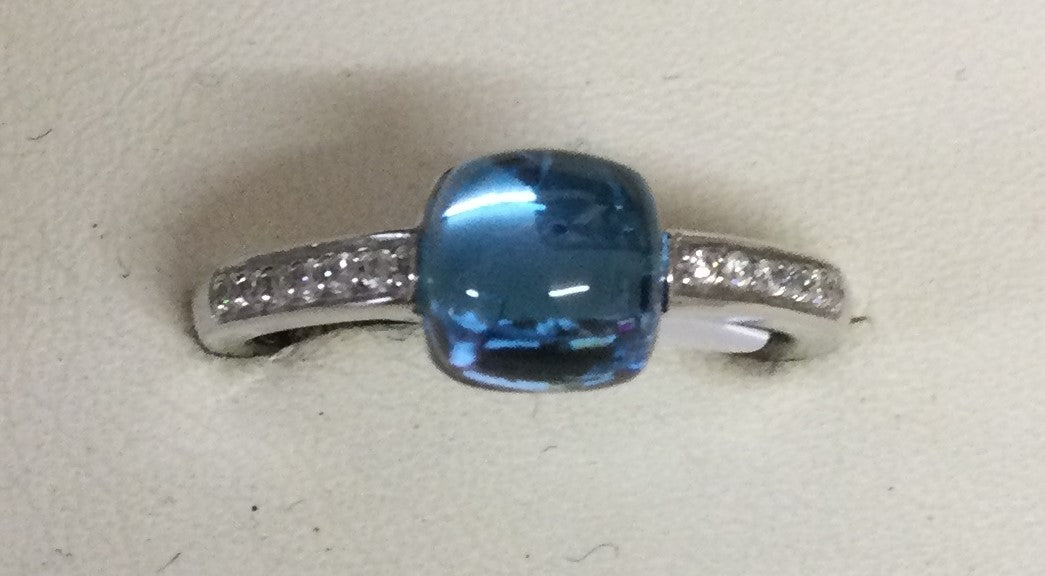 9ct White Gold, cabochon Cushion Blue Topaz and 12 diamonds