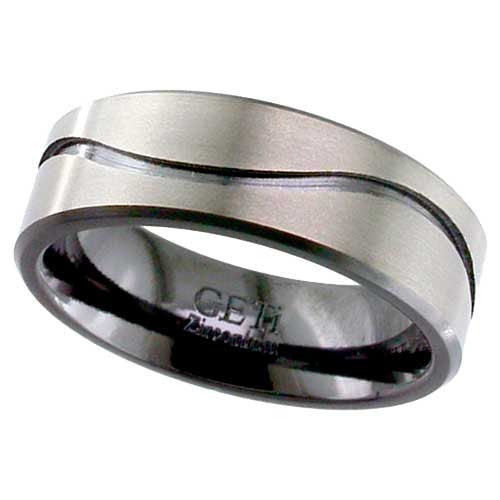 Zirconium 7mm Flat Court Satin Finish Wave Pattern Wedding Band, size T