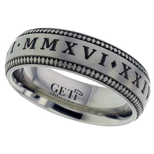 Titanium Domed Court Beaded Edge Roman Numerals Wedding Band, size T