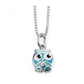 Silver Diamond Set Blue Enamel Owl Pendant & Chain