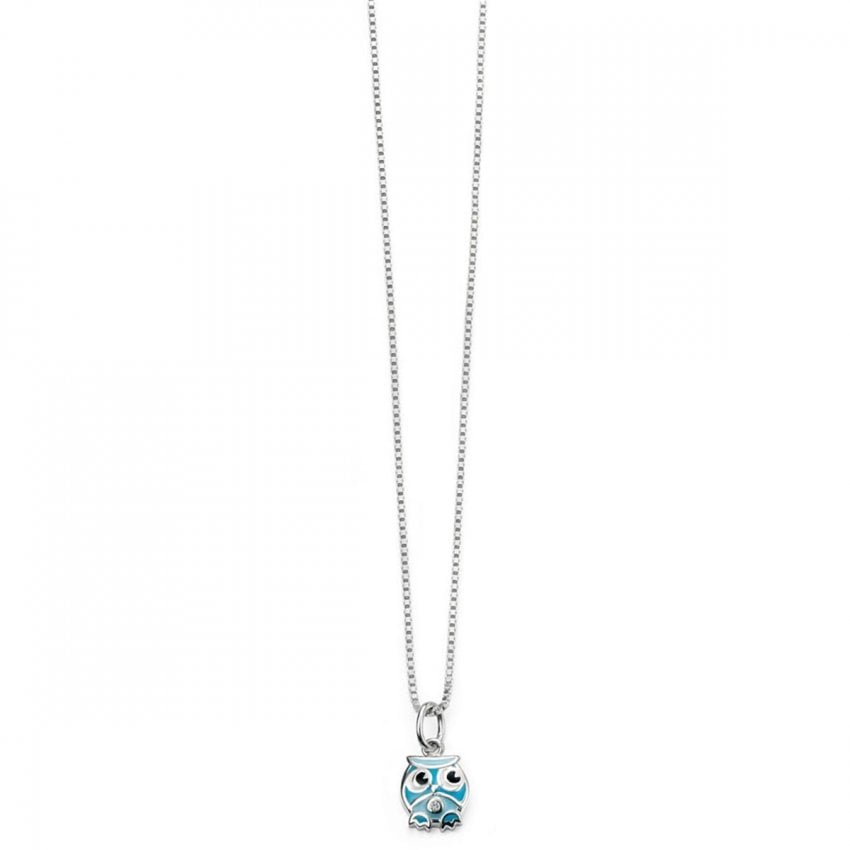 Silver Diamond Set Blue Enamel Owl Pendant & Chain