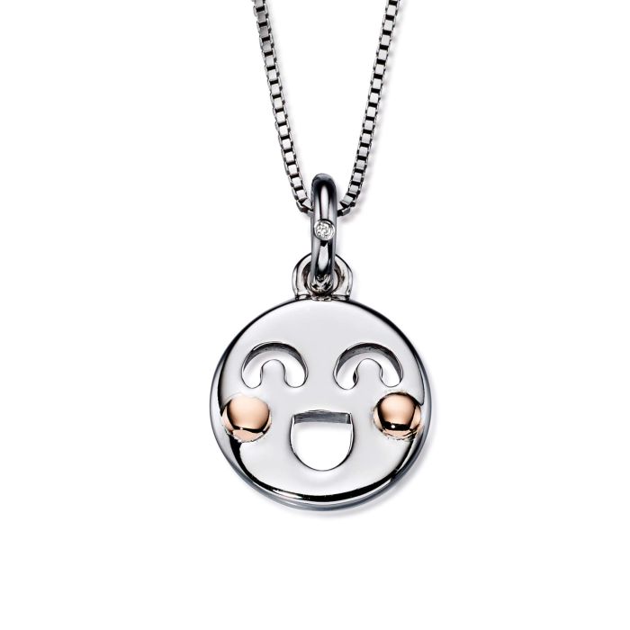 Silver & Rose Gold Plated Diamond Set Smiley Pendant & Chain