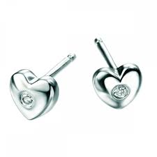 Silver Diamond Set Heart Stud Earrings