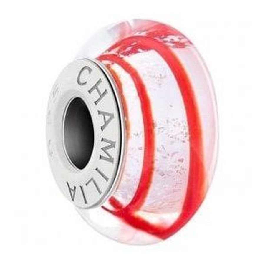 Silver Murano White & Red Bead - Spun Sugar