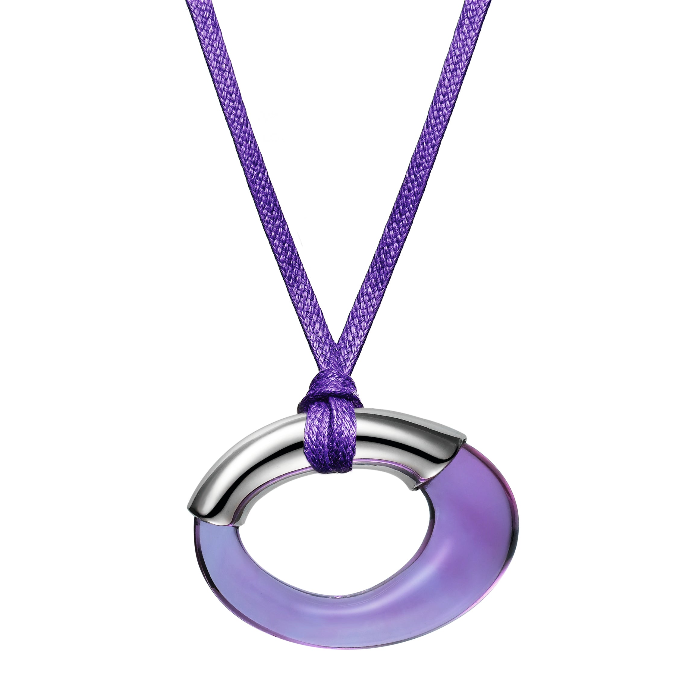 purple coloured crystal pendant on a cord