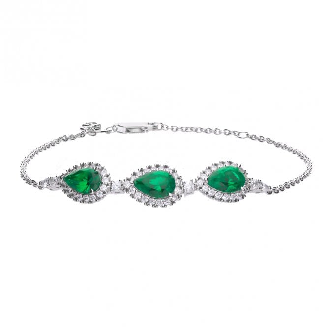 Silver Pear Shaped Green & White Cubic Zirconia Cluster Bracelet