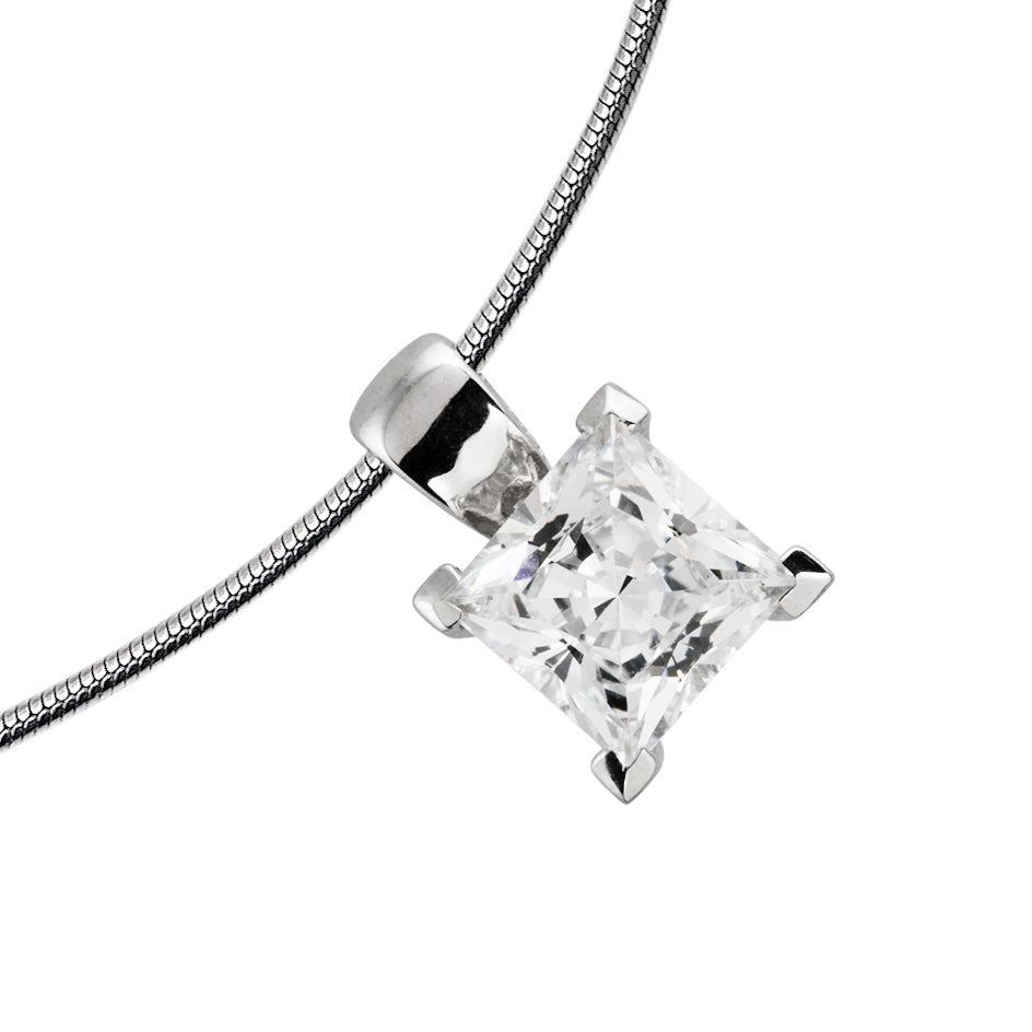 Silver Princess Cut Cubic Zirconia Solitaire Pendant