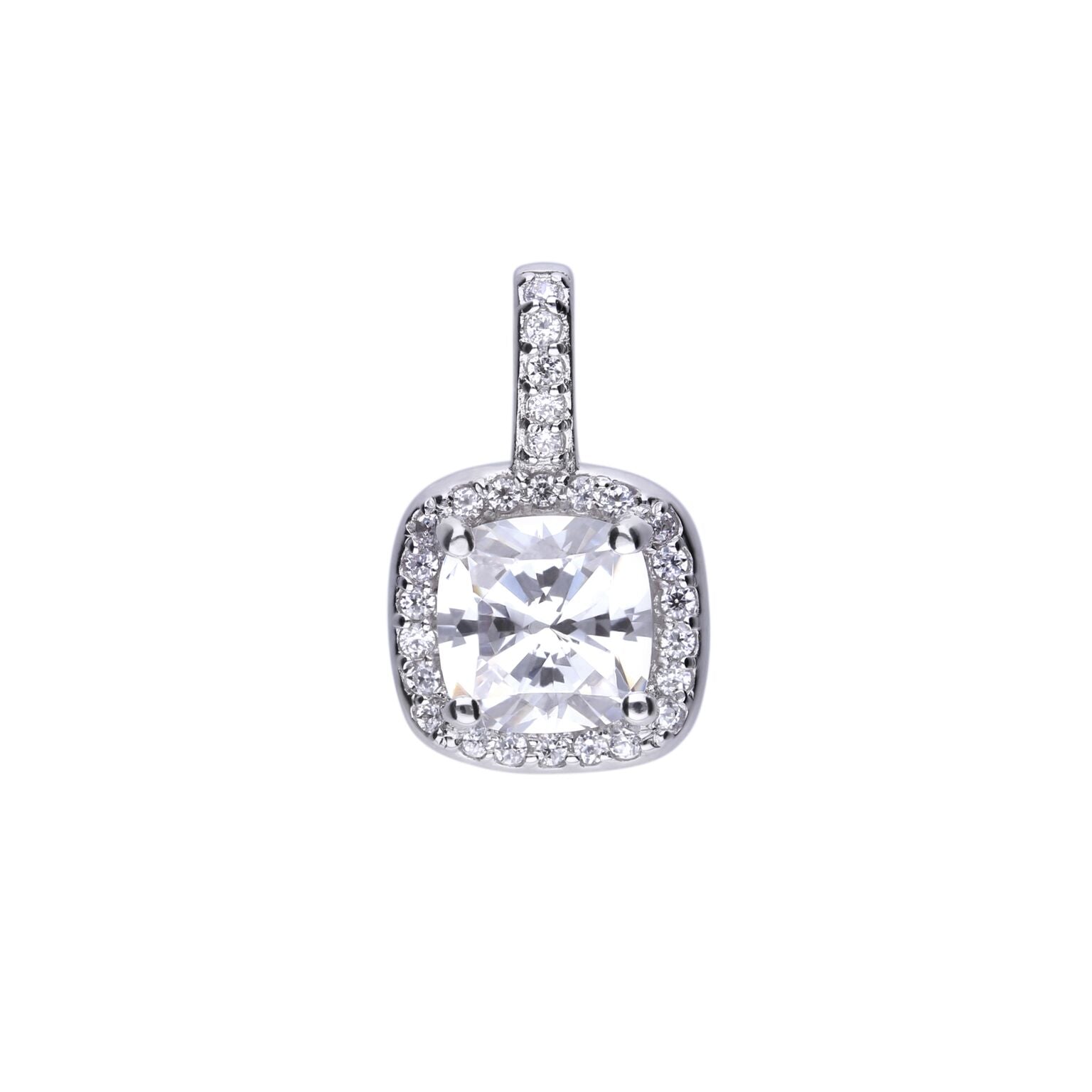 Silver Cushion Shaped Cubic Zirconia Halo Cluster Pendant