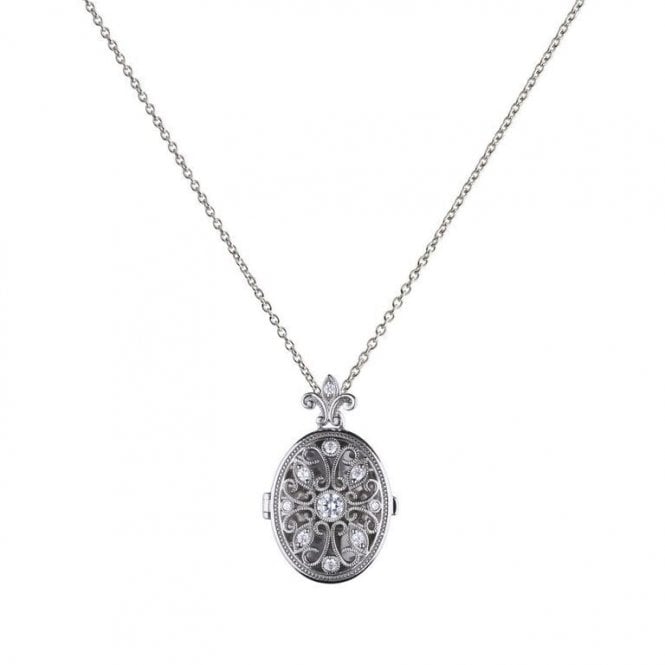 Silver CZ Filigree Locket & Chain