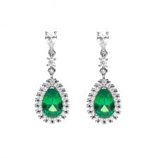 Silver Green Pear shaped, White Cz Drop Earrings