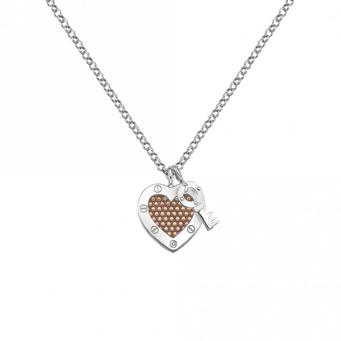 Silver & Rose Gold Plated Lock In Love Beaded Heart Pendant & Chain