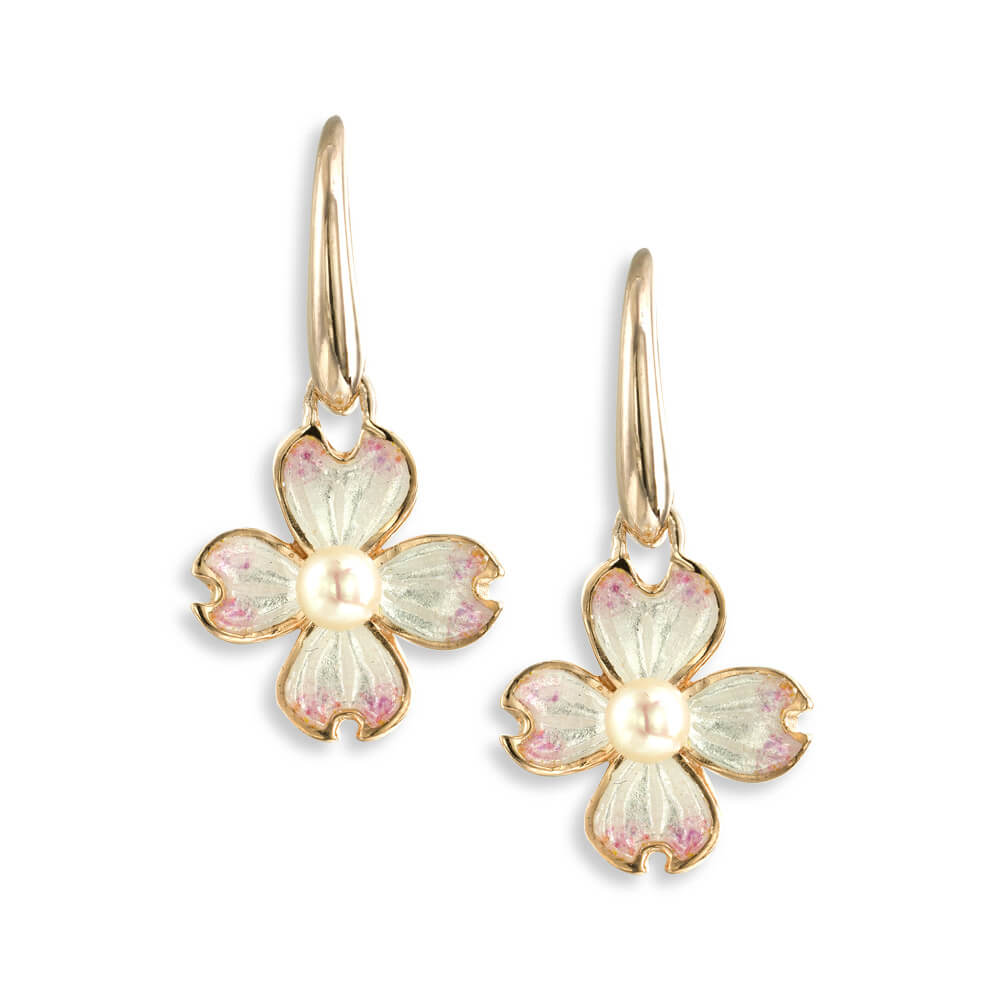 Rose Gold Plated Silver & Enamel Pearl Set Dogwood Drop Earrings