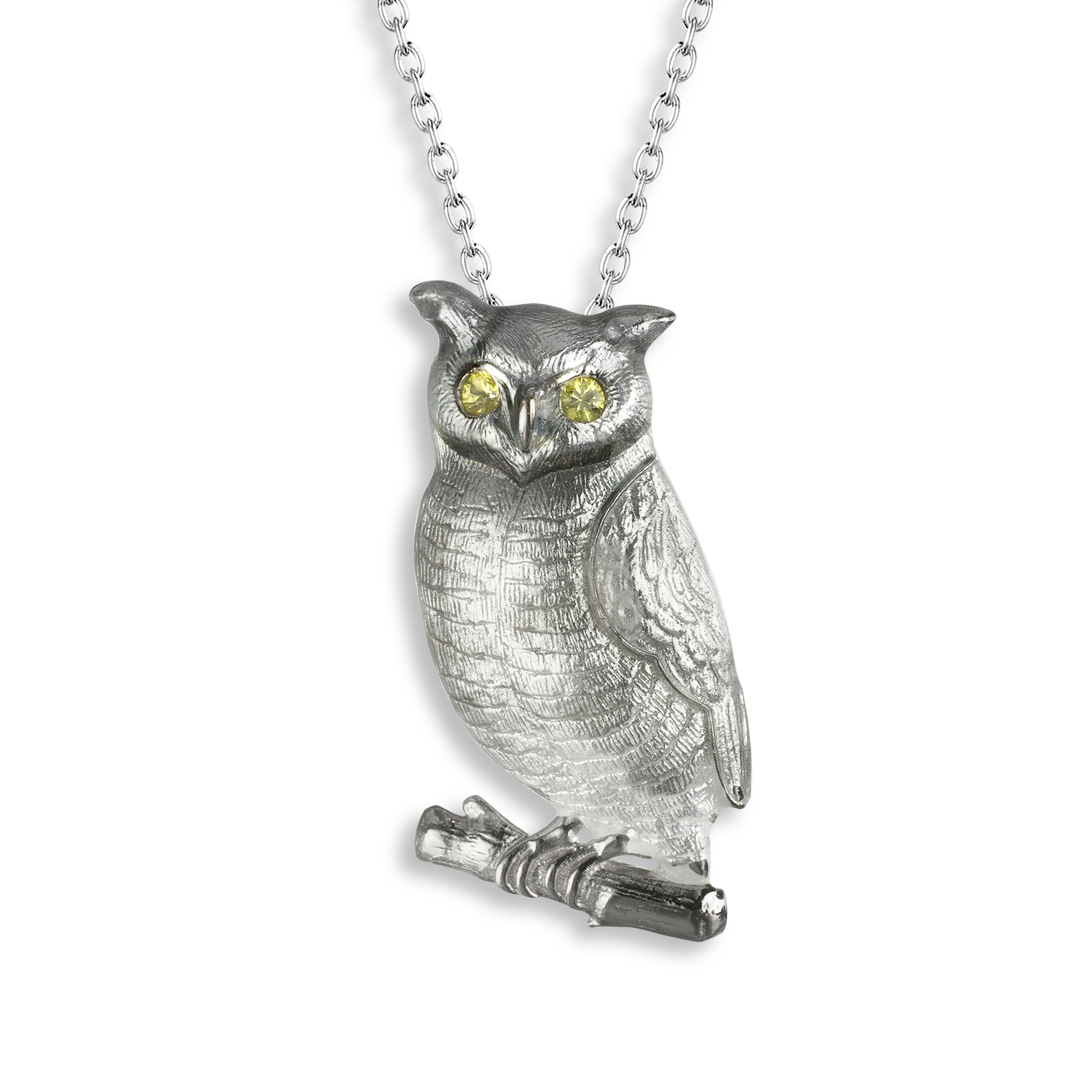 Silver Yellow Sapphire Set Owl Pendant