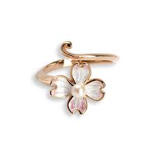 Rose Gold Plated Silver & Enamel Pearl Set Dogwood Ring