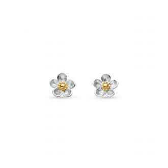 Silver and Yellow Gold Plated Blossom Wood Rose Stud Earrings