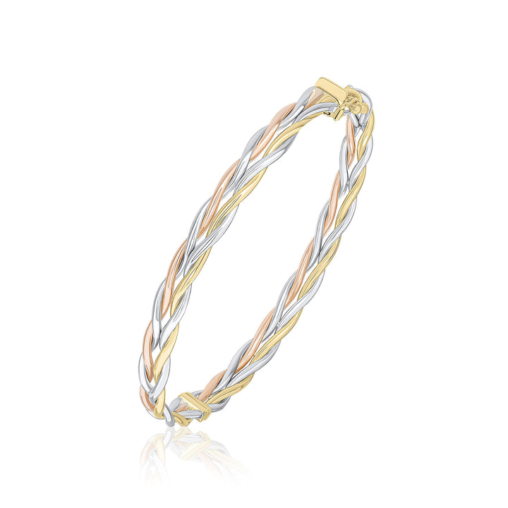 9CT Three Tone Yellow, White & Rose Gold Plait Bangle