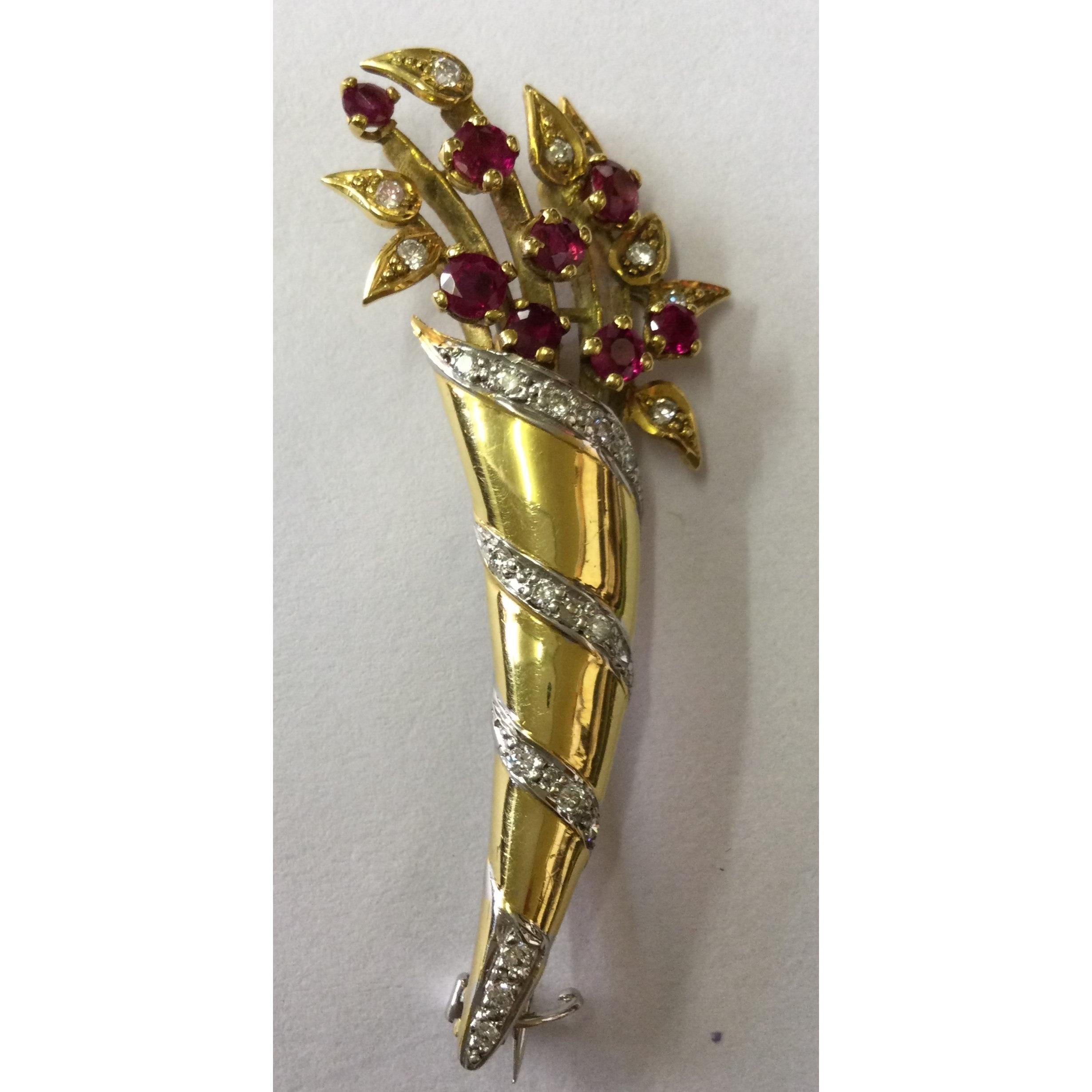 18ct Gold Rub/Dia Cornucopia Brooch