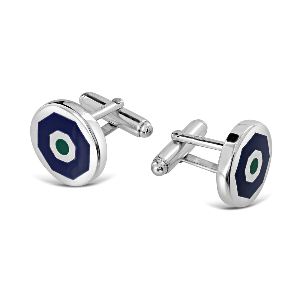 Silver & Blue & Green Enamel Round Cufflinks
