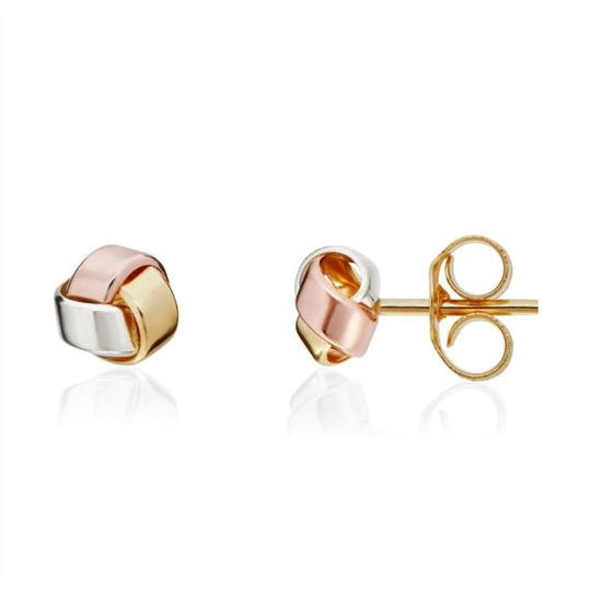 9ct Yellow, White & Rose Gold 3 Row Polished Knot Stud Earrings 4x4mm