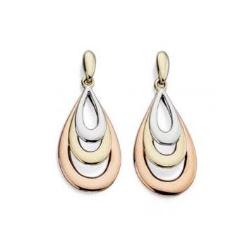 9ct Yellow, White & Rose Gold Triple Teardrop Drop Earrings