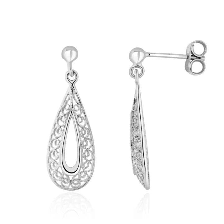 9ct White Gold Pear Shape Filigree Drop Earrings