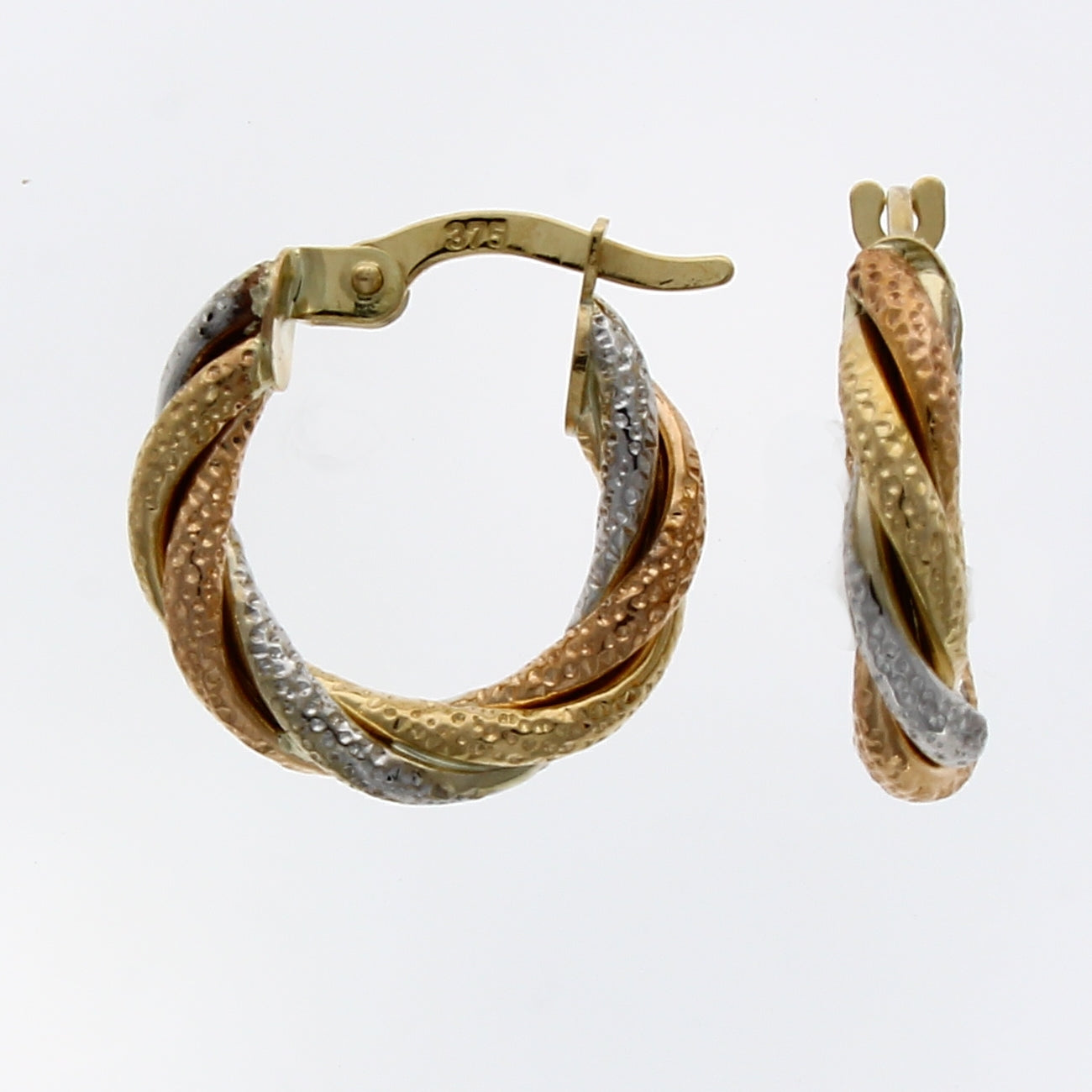 9ct rose, white and yellow gold Twist Rnd Hoops