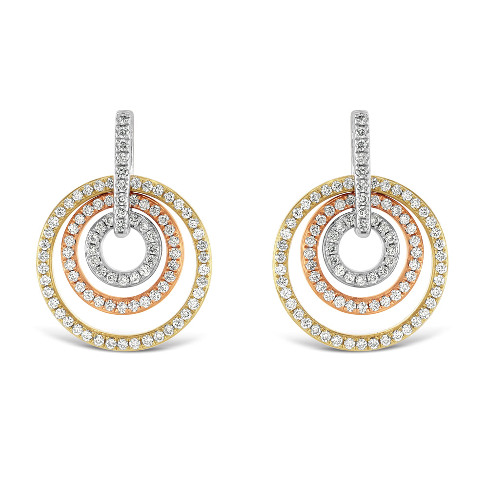 18ct Yellow, White & Rose Gold Diamond Set Concentric Circle Drop Earrings