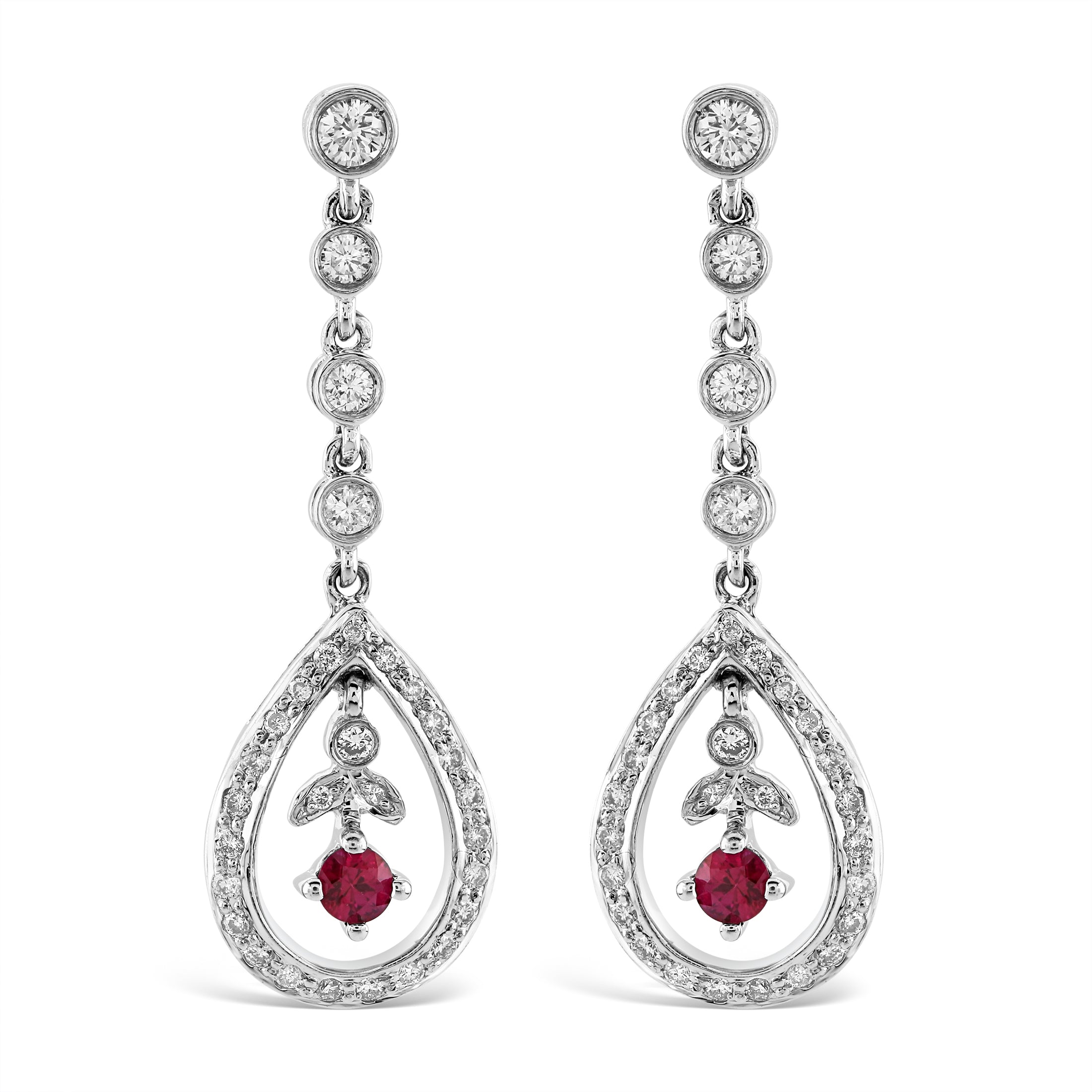 18ct White Gold Ruby & Diamond Open Teardrop Shaped Drop Earrings