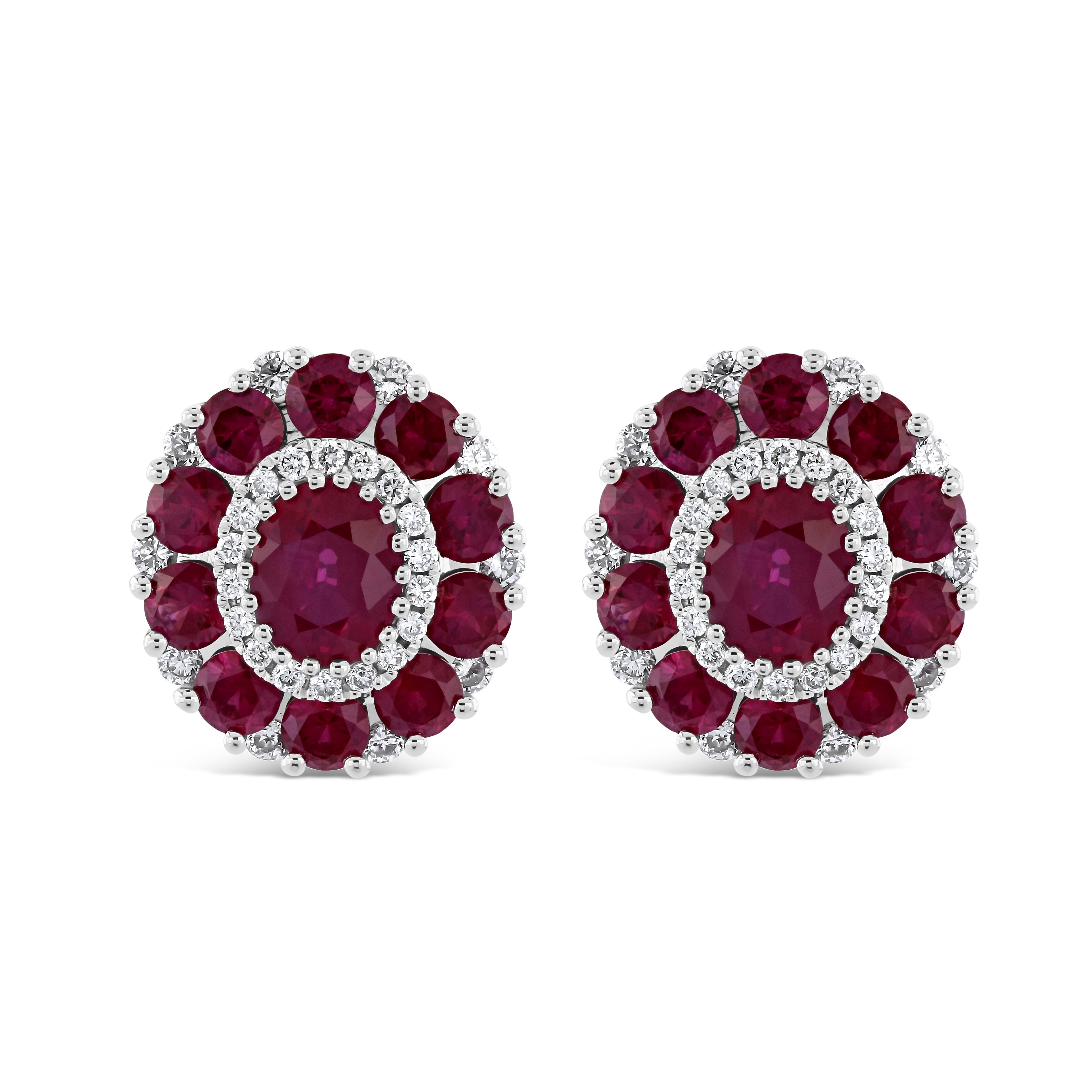 18ct White Gold Oval Cut Ruby & Diamond Cluster Stud Earrings