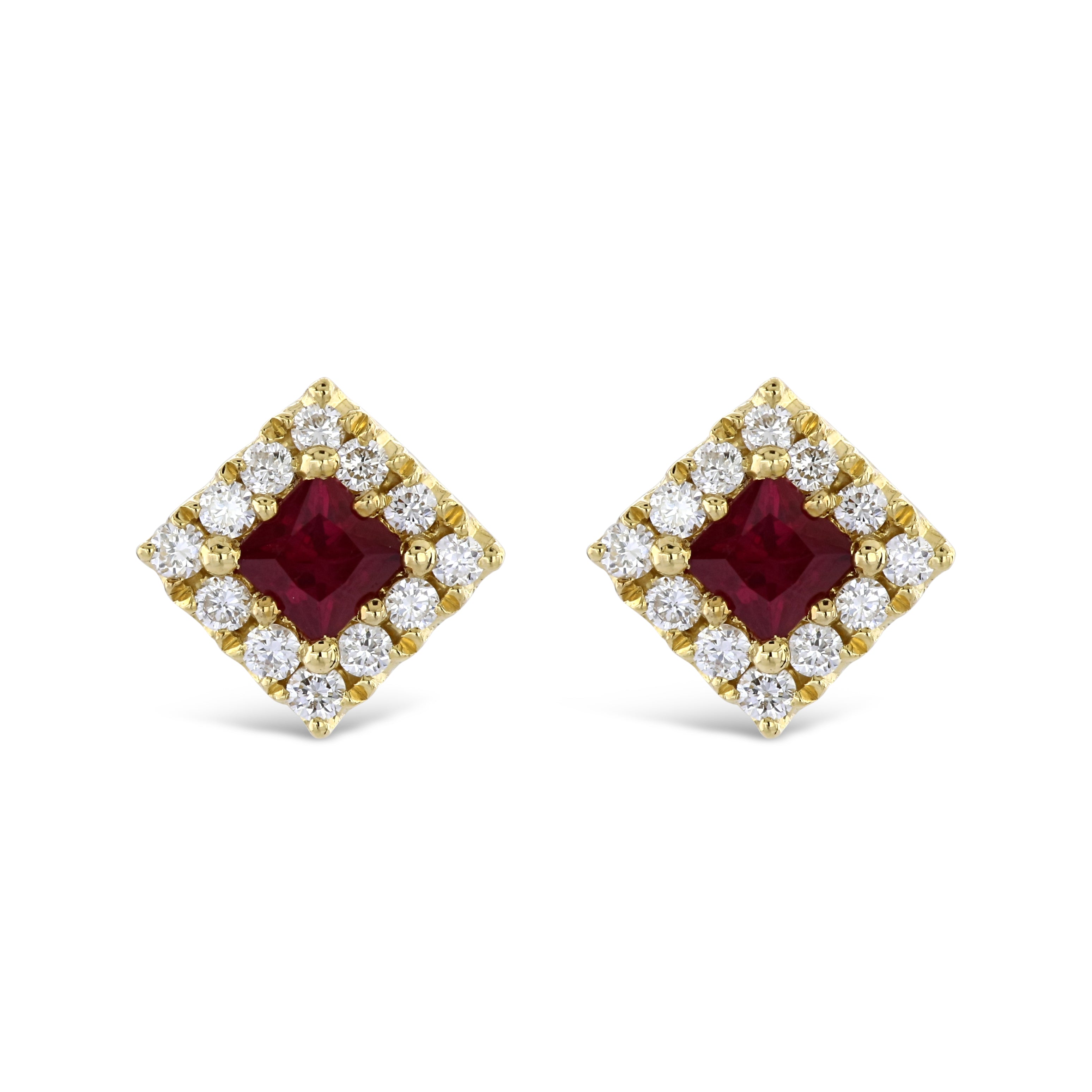 18ct Yellow Gold Sqaure Cut Ruby & Diamond Halo Cluster Stud Earrings