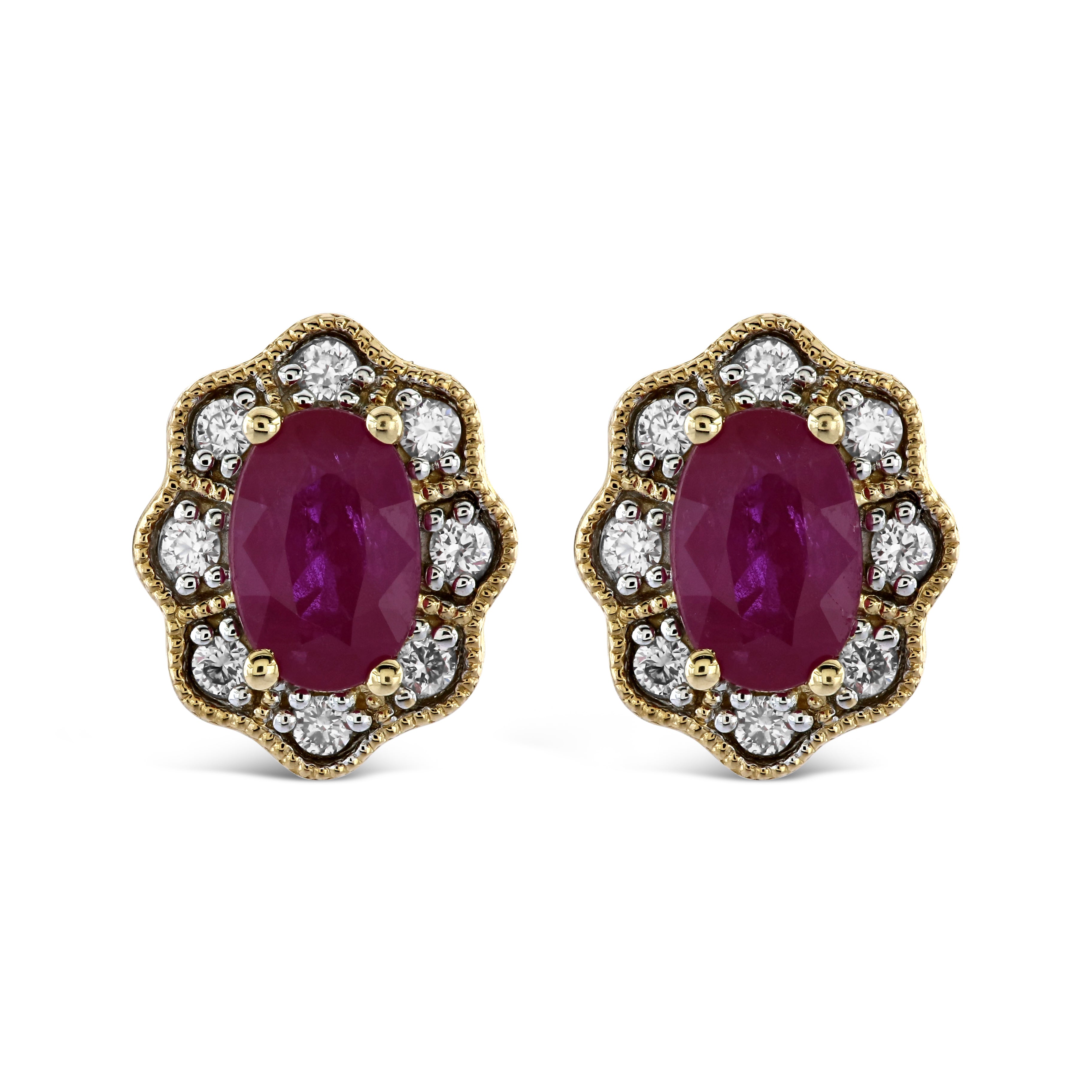 9ct Yellow Gold Oval Cut Ruby & Diamond Cluster Stud Earrings
